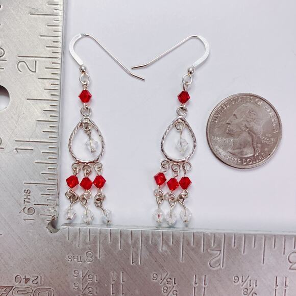Vintage Artisan Sterling Silver Red Swarovski Crystal Dangle Earrings Handmade - Picture 10 of 13